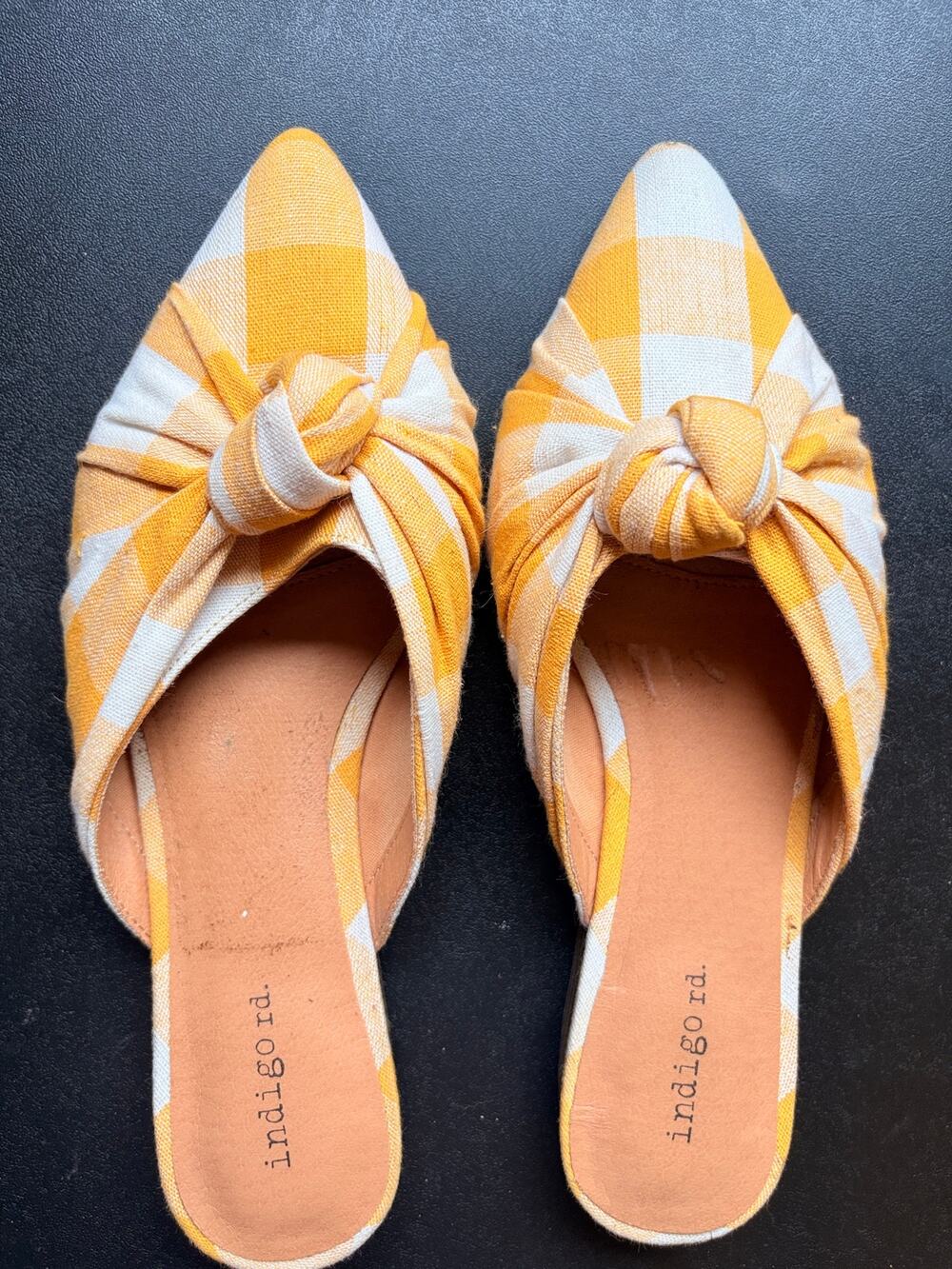 Indigo Rd Yellow Gingham Knotted Pointed Toe Mules Plaid Slip On Flat Sandals